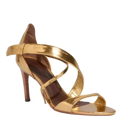 Sandália Couro Metalizado Dourada Salto Alto Fino