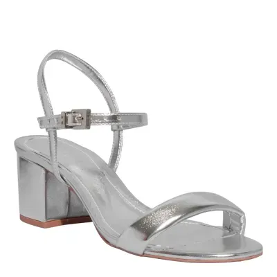 Sandália Metalizada Prata Salto Grosso Bico Redondo