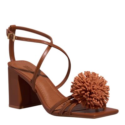 Sandália Pompom Couro Nobre Marrom Salto Grosso
