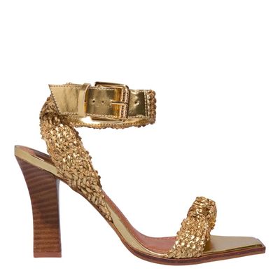 Sandália Trança Metalizada Dourada Salto Alto