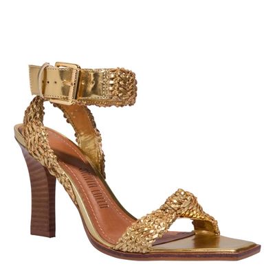 Sandália Trança Metalizada Dourada Salto Alto