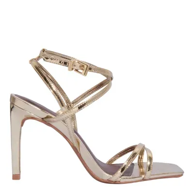 Sandália Metalizada Bico Quadrado Salto Alto Fino Dourada