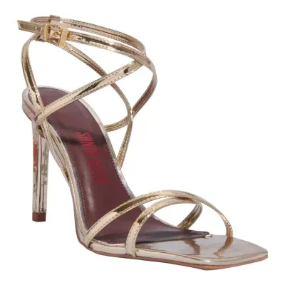 Sandália Metalizada Bico Quadrado Salto Alto Fino Dourada