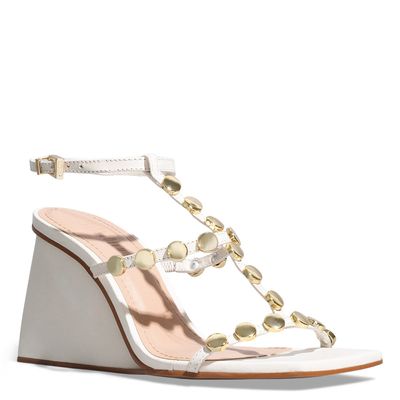 Sandália couro off white salto médio anabela