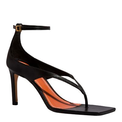 Sandália thong couro confort preta salto médio