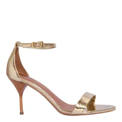 Sandália Couro Metalizada Dourada Salto Alto Fino