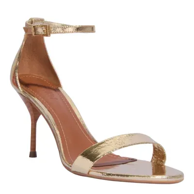 Sandália Couro Metalizada Dourada Salto Alto Fino