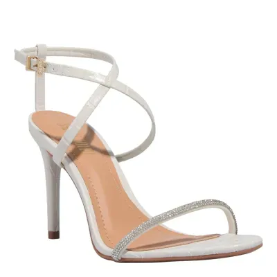 Sandália Crocodiles Salto Fino Brilho Strass Off White
