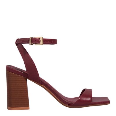 Sandália Couro Vermelho Marsala Salto Fachete