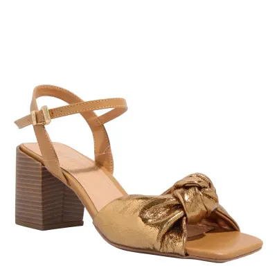 Sandália Nó Couro Metalizado Salto Bloco Fachete Bronze