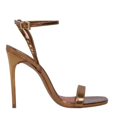 Sandália Couro Metalizado Bronze Salto Alto Fino