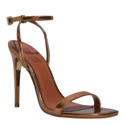Sandália Couro Metalizado Bronze Salto Alto Fino