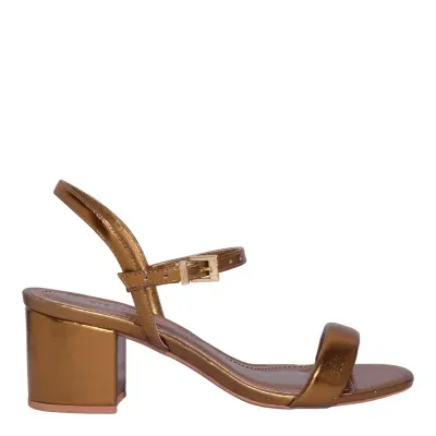 Sandália Metalizada Bronze Salto Grosso Bico Redondo