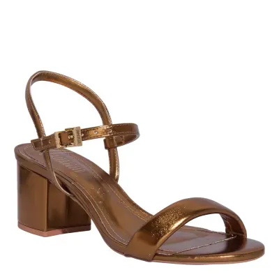 Sandália Metalizada Bronze Salto Grosso Bico Redondo