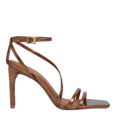 Sandália Metalizada Bico Quadrado Salto Alto Fino Bronze