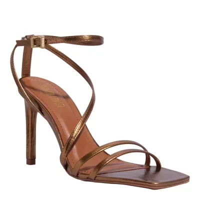 Sandália Metalizada Bico Quadrado Salto Alto Fino Bronze