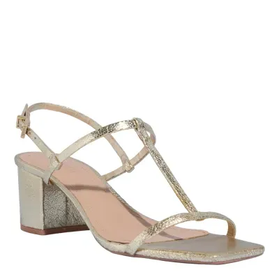 Sandália Tecido Splendore Metalizado Dourada Salto Grosso