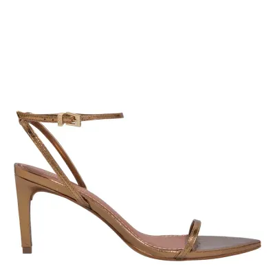 Sandália Couro Metalizado Bronze Bico Folha Salto Alto Fino