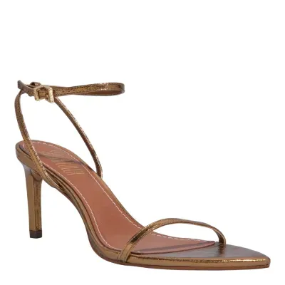Sandália Couro Metalizado Bronze Bico Folha Salto Alto Fino
