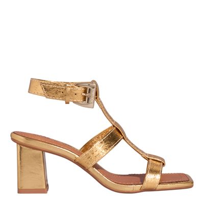 Sandália Couro Metalizado Salto Grosso Dourado