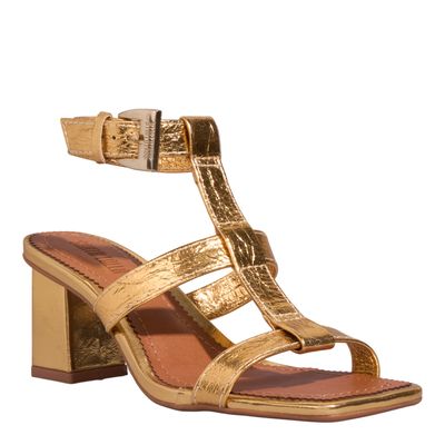 Sandália Couro Metalizado Salto Grosso Dourado
