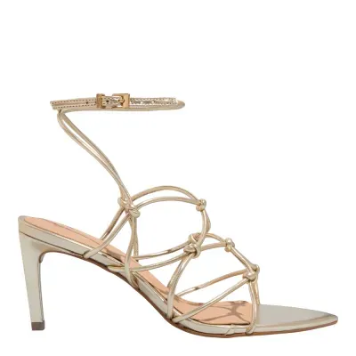 Sandália Metalizada Dourada Bico Folha Salto Fino