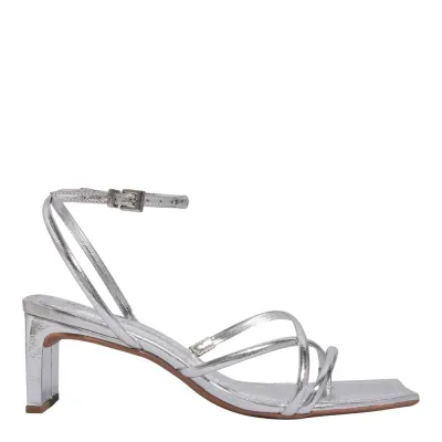 Sandália Metalizada Reflexo Prata Salto Reto Bico Quadrado