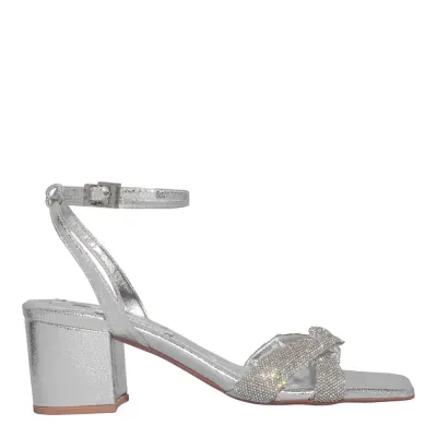 Sandália Tecido Splendore Metalizado Prata Strass Brilho Salto Grosso