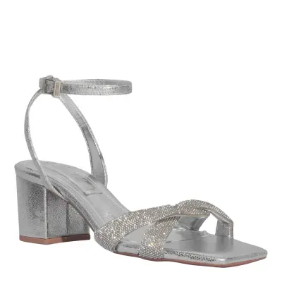 Sandália Tecido Splendore Metalizado Prata Strass Brilho Salto Grosso