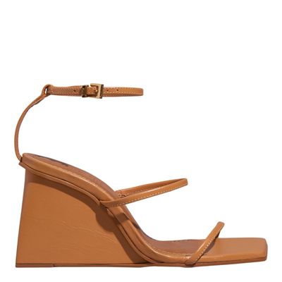 Sandália Anabela Couro Confort Bico Quadrado Caramelo