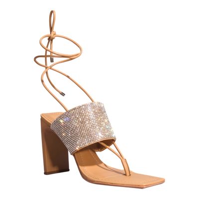 Sandália Shiny Amarração Napa Salto Lâmina Bege