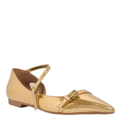 Sapatilha Couro Metalizado Bico Fino Dourada