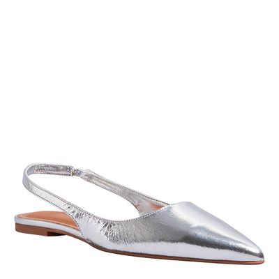 Sapatilha Slingback Couro Metalizado Prata Bico Fino