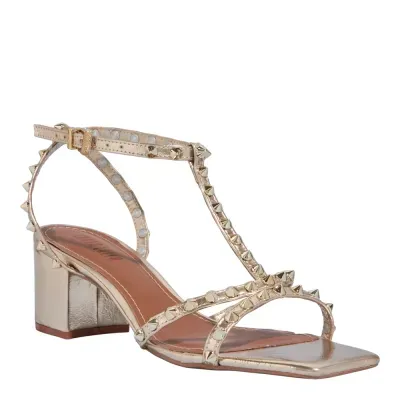 Sandália Spikes Metalizado Reflexo Dourado Salto Grosso