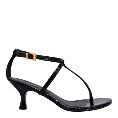 Sandália Textura Cobra Metalizada Preta Salto Baixo Fino