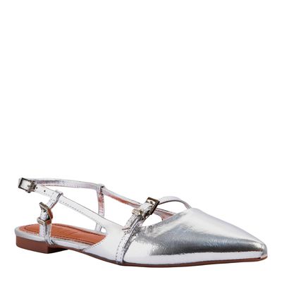 Sapatilha Slingback Metalizada Prata Bico Fino