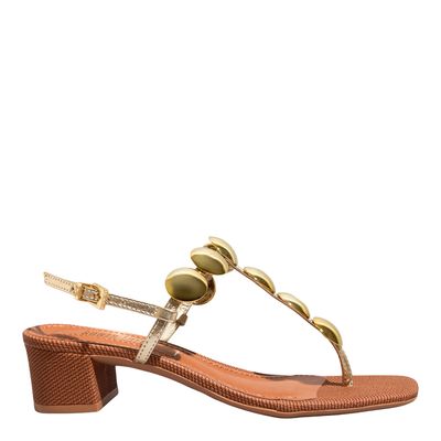 Sandália Metalizada Dourada Salto Grosso Tachas