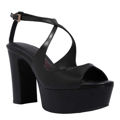 Sandália Plataforma Couro Tira Cruzada Preta