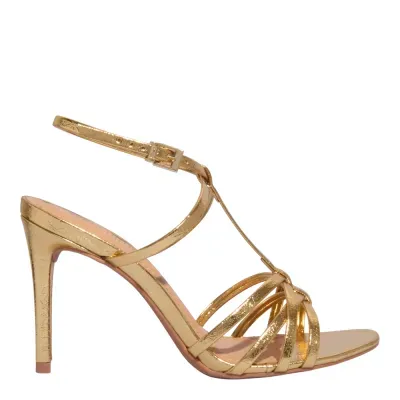 Sandália Tiras Metalizada Salto Alto Fino Dourada
