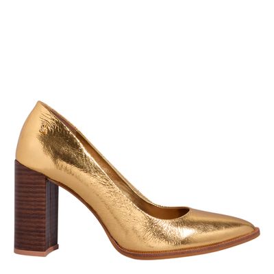 Scarpin Boneca Couro Metalizado Salto Bloco Dourado
