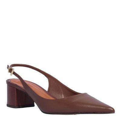Scarpin Slingback Couro Salto Bloco Marrom Dark