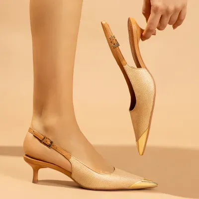 Scarpin Slingback Rafia Salto Fino Bege