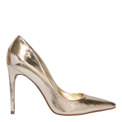 Scarpin Bico Fino Couro Metalizado Dourado Salto Alto