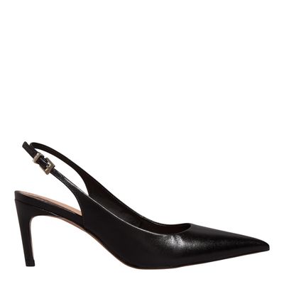 Scarpin Slingback Couro Confort Salto Fino Preto