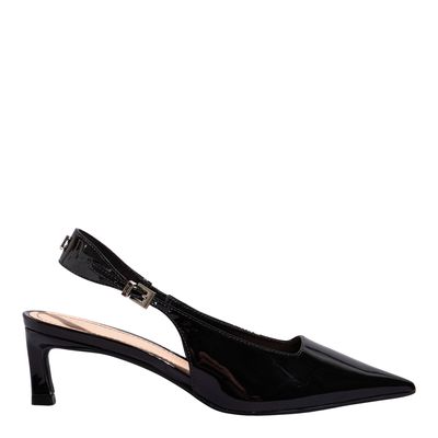 Scarpin Verniz Anzeli Preto Bico Fino Recorte