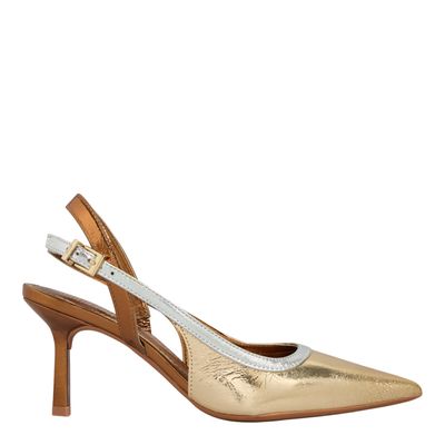 Scarpin Slingback Couro Metalizado Dourado Salto Fino