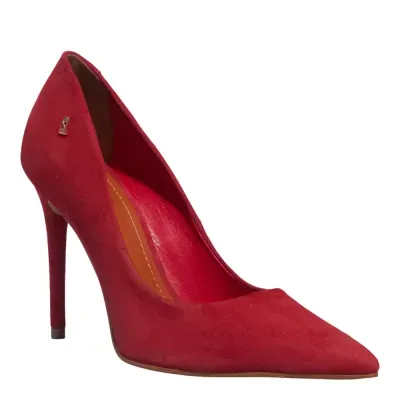 Scarpin Couro Camurça Bico Fino Salto Alto Vermelho Blood
