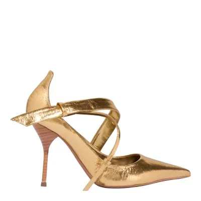 Scarpin Couro Metalizado Dourado Bico Fino Salto Agulha