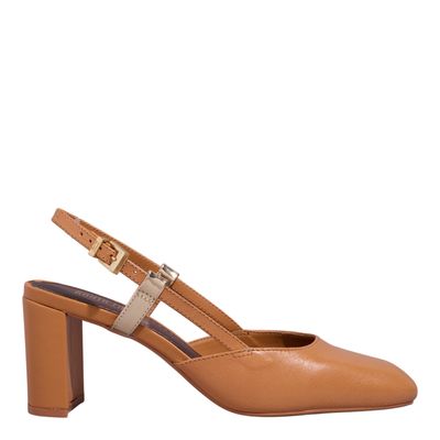 Scarpin Slingback Couro Bico Quadrado Salto Bloco Caramelo