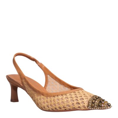 Scarpin Slingback Strass Salto Fino Bege